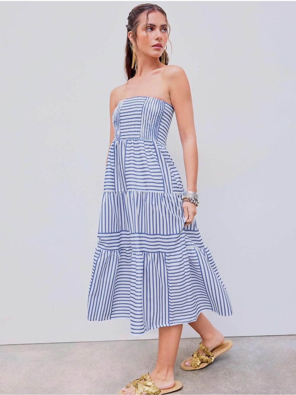 ❤️❤️Cider Blue and White Striped Strapless Tiered Dress. NEVER WORN